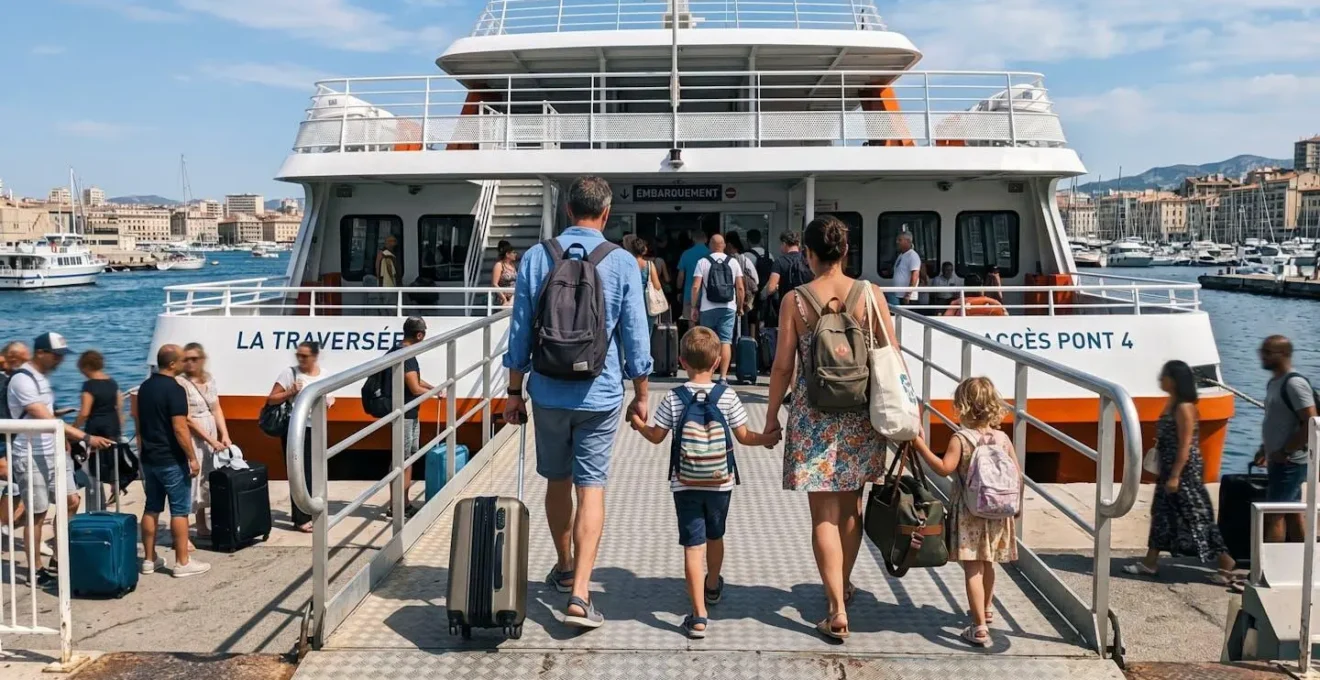 Famille vue de dos embarquant sur le pont d'un ferry avec valises et sacs de voyage, ambiance de départ en vacances