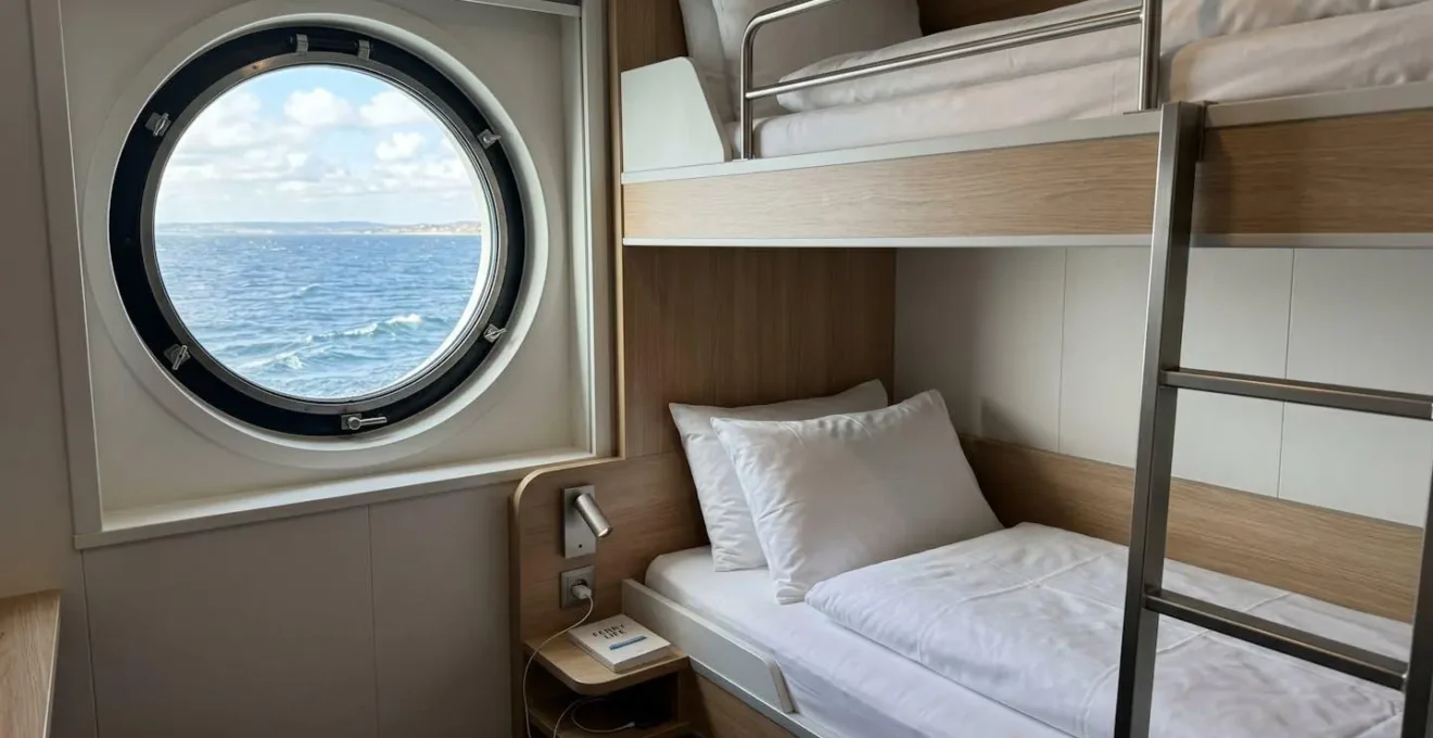 Intérieur d'une cabine de ferry moderne avec deux couchettes propres, hublot donnant sur la mer et éclairage d'ambiance doux